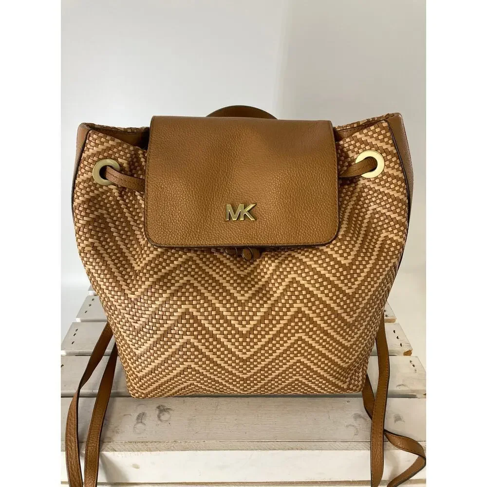 MICHAEL KORS WOVEN LEATHER BASKET WEAVE BROWN, TAN BACKPACK